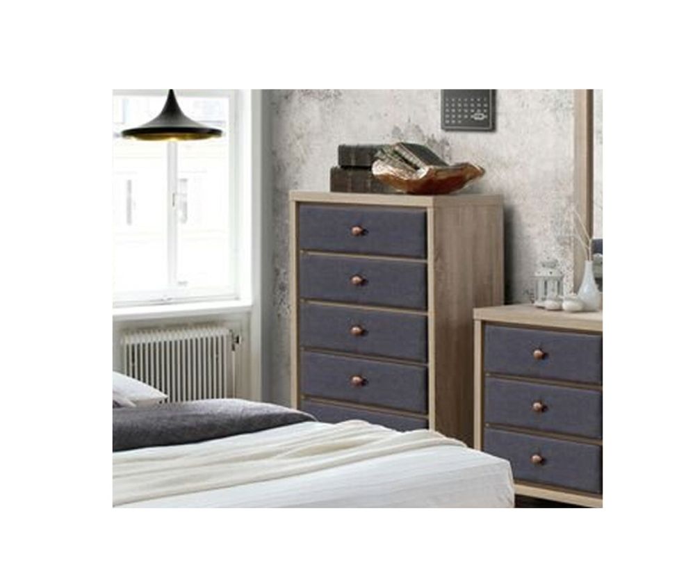 Artisan Grey Fabric and Beech Wood 5 Drawer Chest