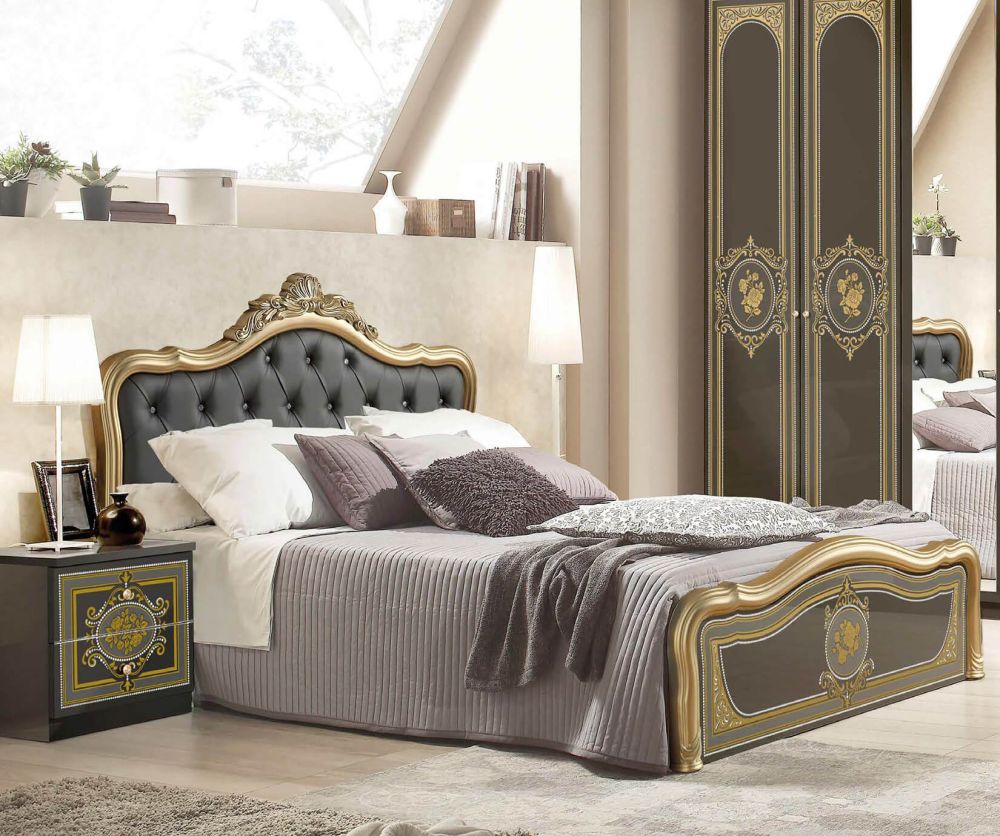 Tuttomobili Alice Black and Golden Finish Upholstered Bed Frame