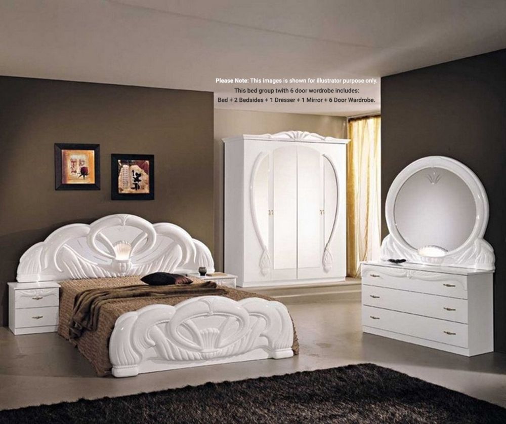 Ben Company Giada White Italian Bed Group Set with 6 Door Wardrobe