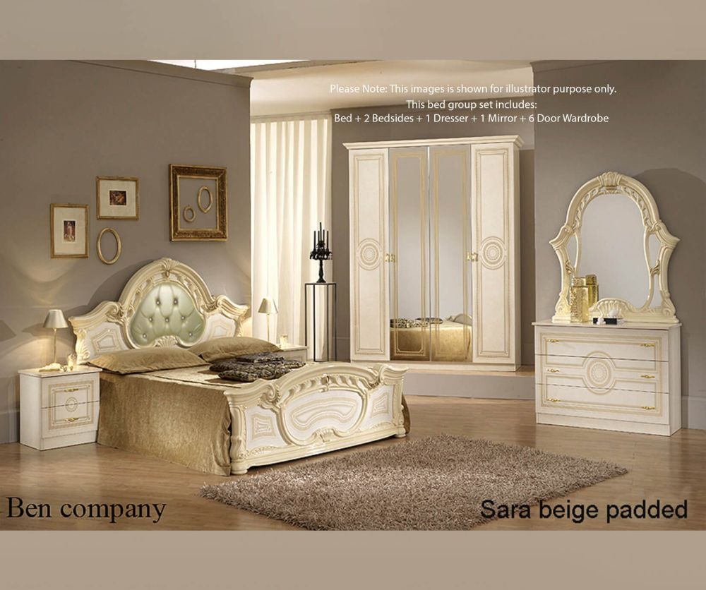 Ben Company Sara Padded Beige Finish Italian Bed Group Set with 6 Door Wardrobe