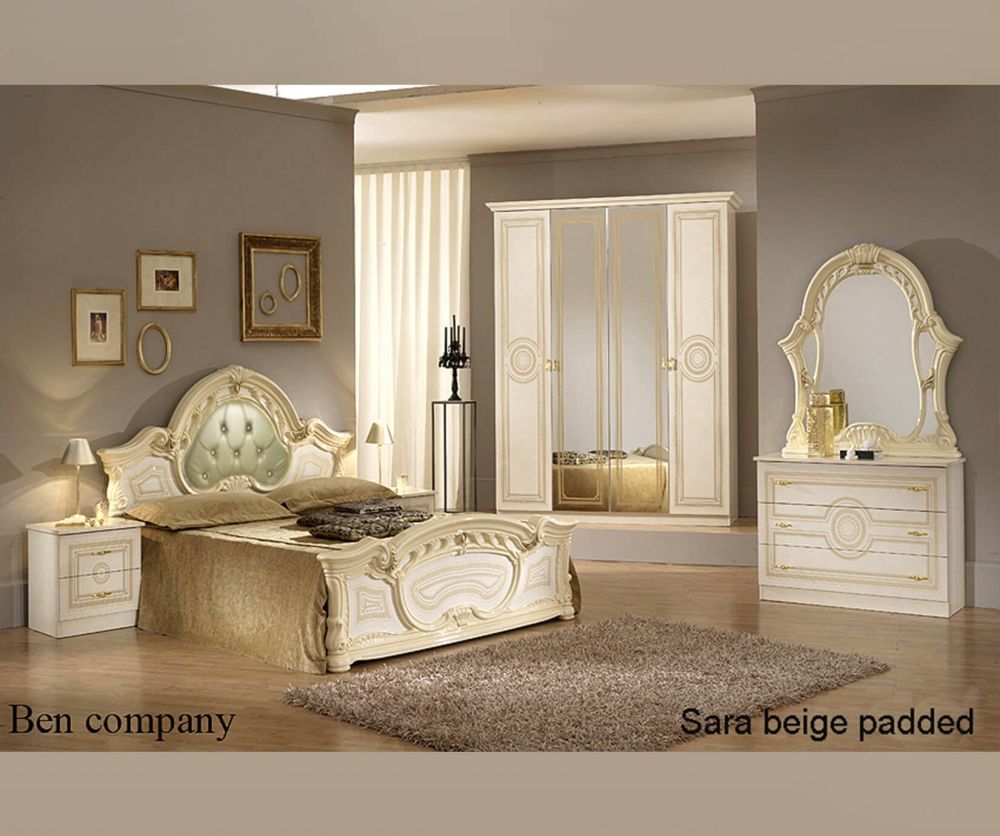 Ben Company Sara Padded Beige Finish Italian Bed Group Set with 4 Door Wardrobe