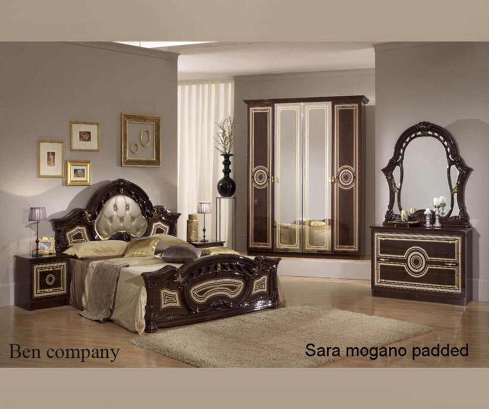 Ben Company Sara Padded Mahogany Italian Bed Group Set with 4 Door Wardrobe