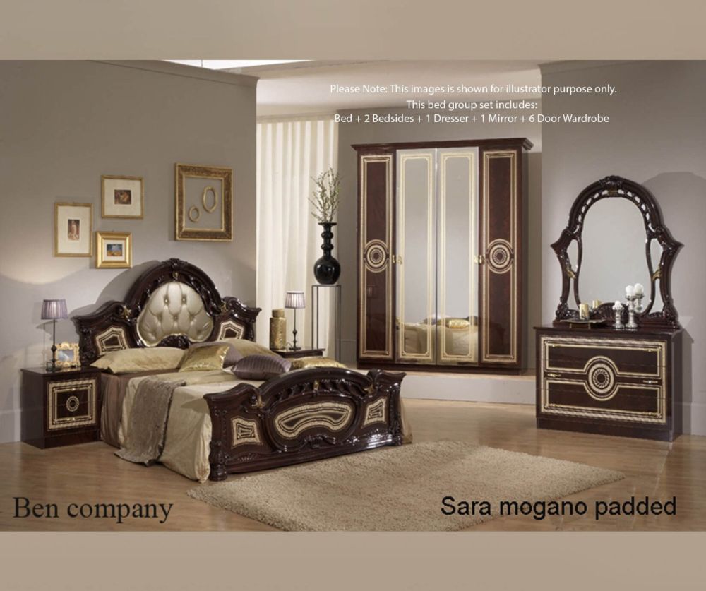 Ben Company Sara Padded Mahogany Italian Bed Group Set with 6 Door Wardrobe
