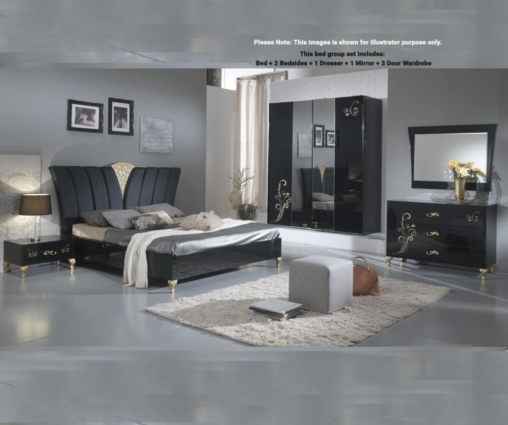 Ben Company Sofia Black and Gold Italian Bed Set with 3 Door Wardrobe