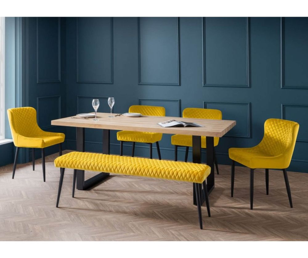 Julian Bowen Berwick Rectangular Dining Table with Luxe Low Mustard Bench and 4 Luxe Mustard Chairs