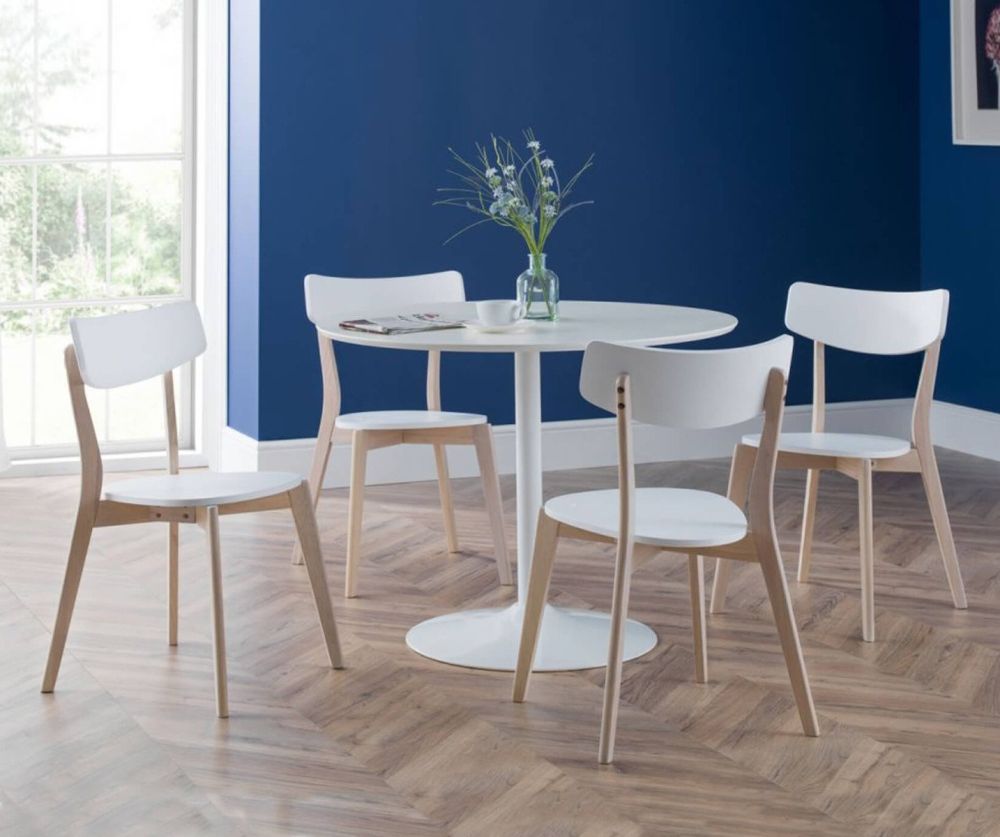 Julian Bowen Blanco White Round Dining Table with 4 Casa Dining Chairs