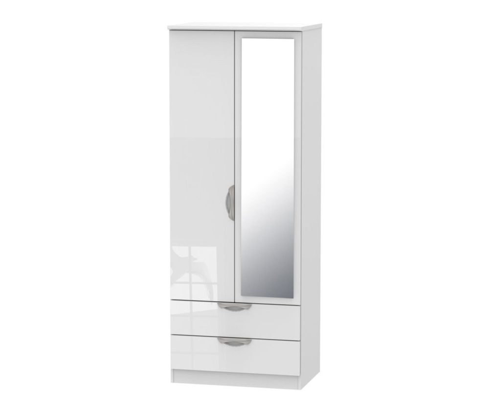 Welcome Furniture Camden High Gloss White Tall 2ft6in 2 Drawer Mirror Wardrobe