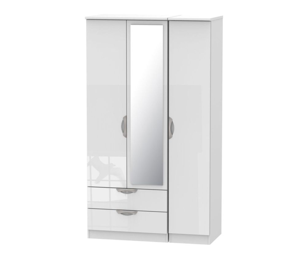 Welcome Furniture Camden High Gloss White 3 Door 2 Drawer Mirror Triple Wardrobe