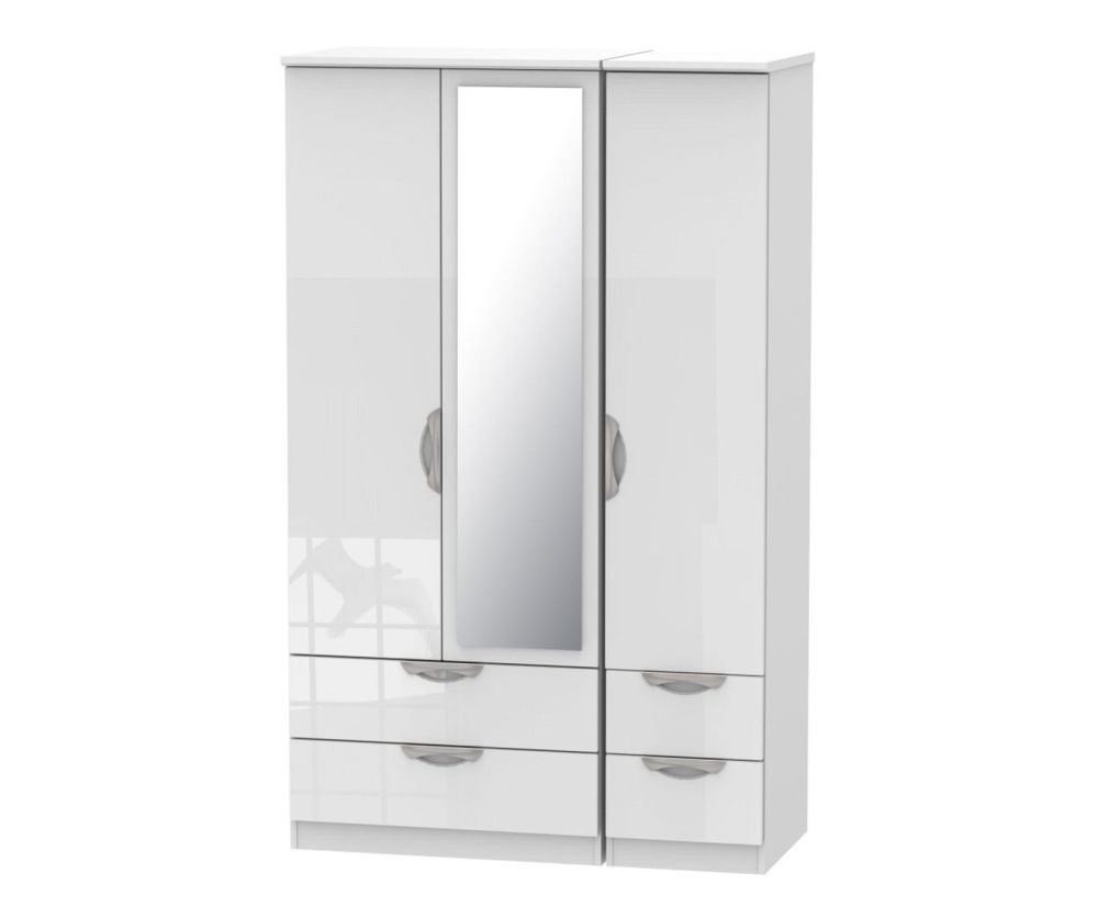 Welcome Furniture Camden High Gloss White 3 Door 4 Drawer Triple Mirror Wardrobe
