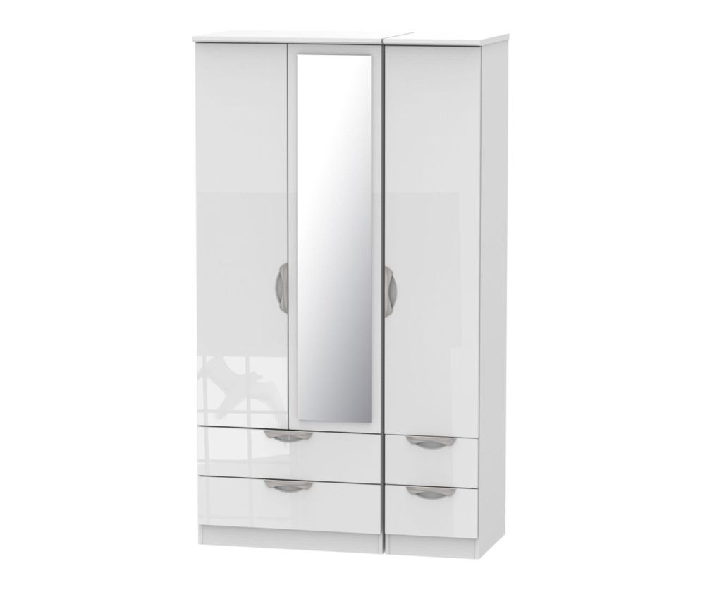 Welcome Furniture Camden High Gloss White 3 Door 4 Drawer Tall Mirror Triple Wardrobe