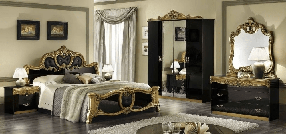 Camel Group Barocco Black and Gold Finish Italian Bedroom Set with Vanity Dresser