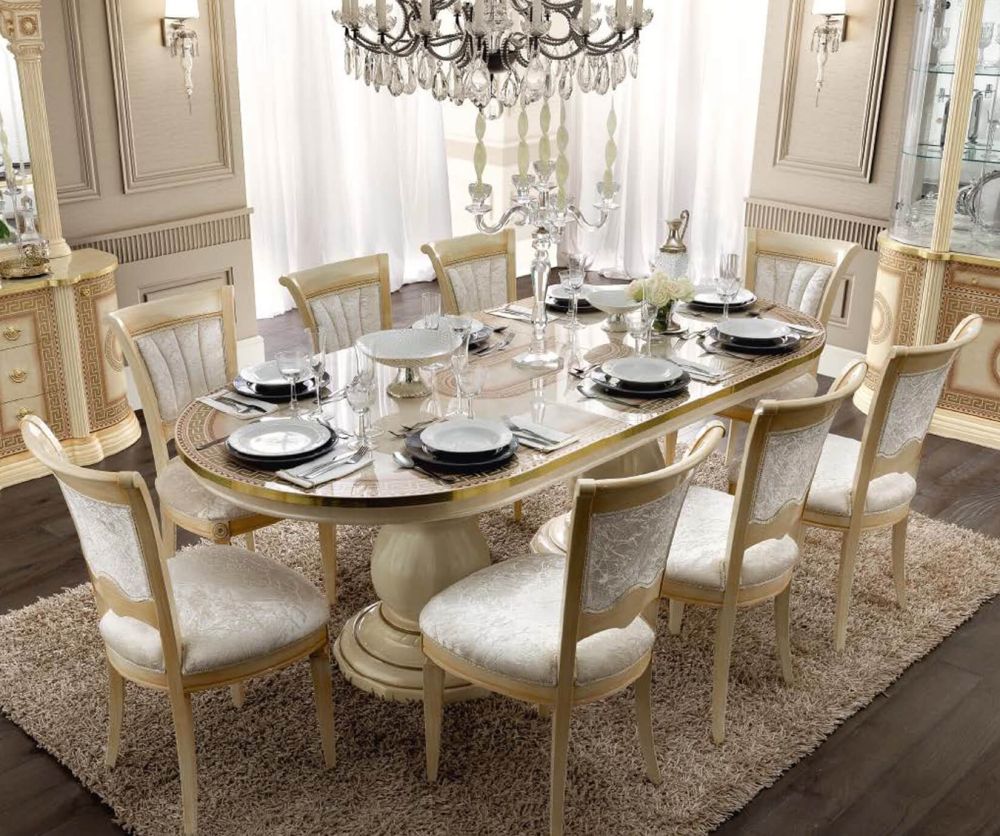 Camel Group Aida Ivory and Gold Oval Extension Dining Table with 8 Chairs
