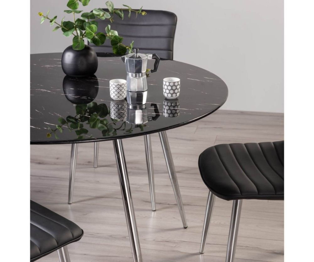 Bentley Designs Christo Black Marble Effect Tempered Glass 4 Seater Dining Table with Shiny Nickel Plated Legs