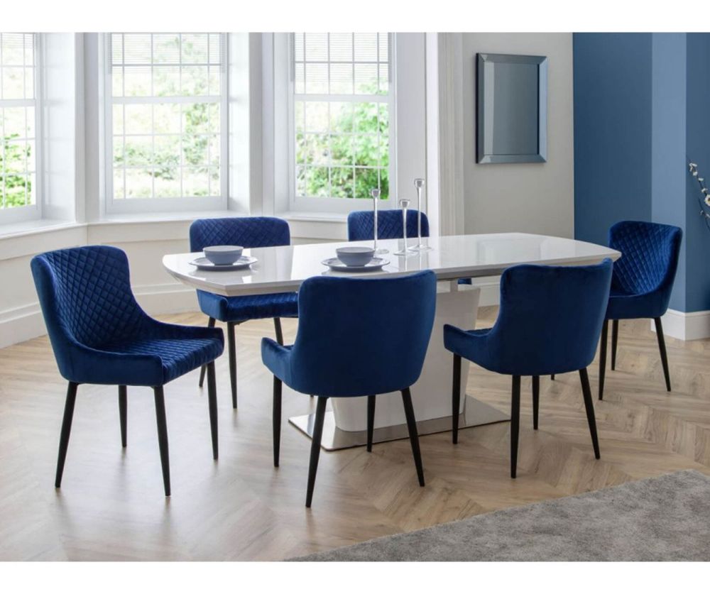 Julian Bowen Como White High Gloss Extending Dining Table with 6 Luxe Blue Chairs