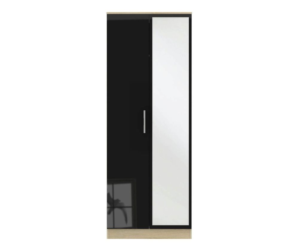 Welcome Furniture Contrast High Gloss Black And Bardolino 2 Door Tall Mirror Double Wardrobe