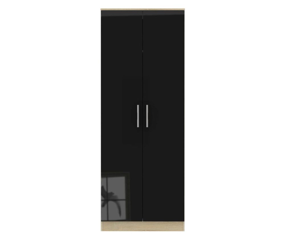Welcome Furniture Contrast High Gloss Black And Bardolino 2 Door Tall Plain Double Wardrobe