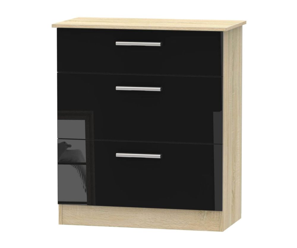 Welcome Furniture Contrast High Gloss Black And Bardolino 3 Drawer Deep Chest
