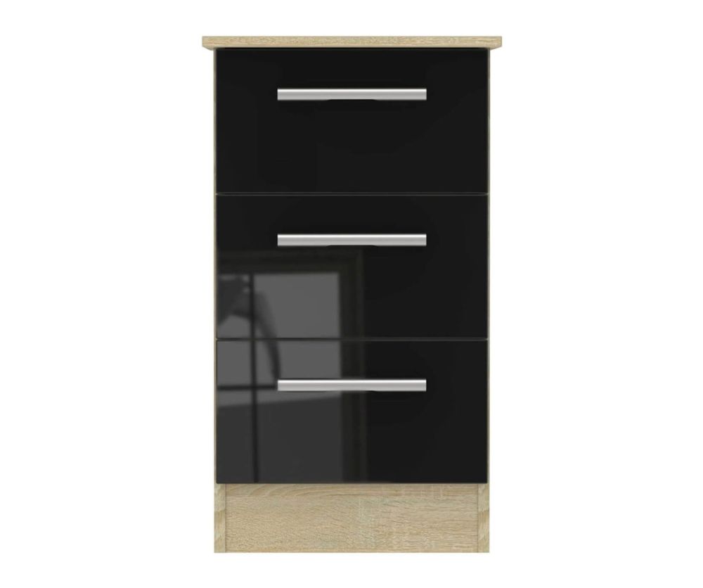 Welcome Furniture Contrast High Gloss Black And Bardolino 3 Drawer Locker Bedside Cabinet