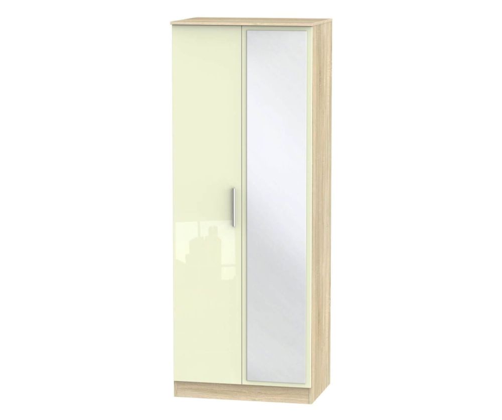 Welcome Furniture Contrast High Gloss Cream And Bardolino 2 Door Tall Mirror Double Wardrobe
