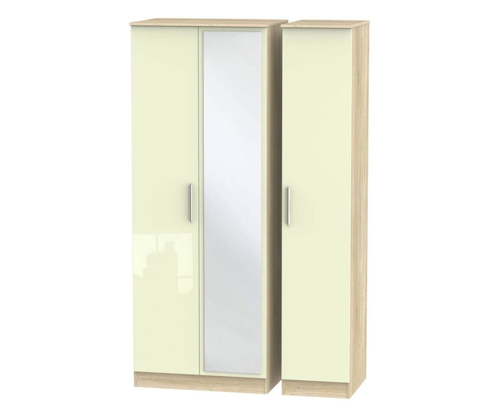 Welcome Furniture Contrast High Gloss Cream And Bardolino 3 Door Tall Mirror Triple Wardrobe