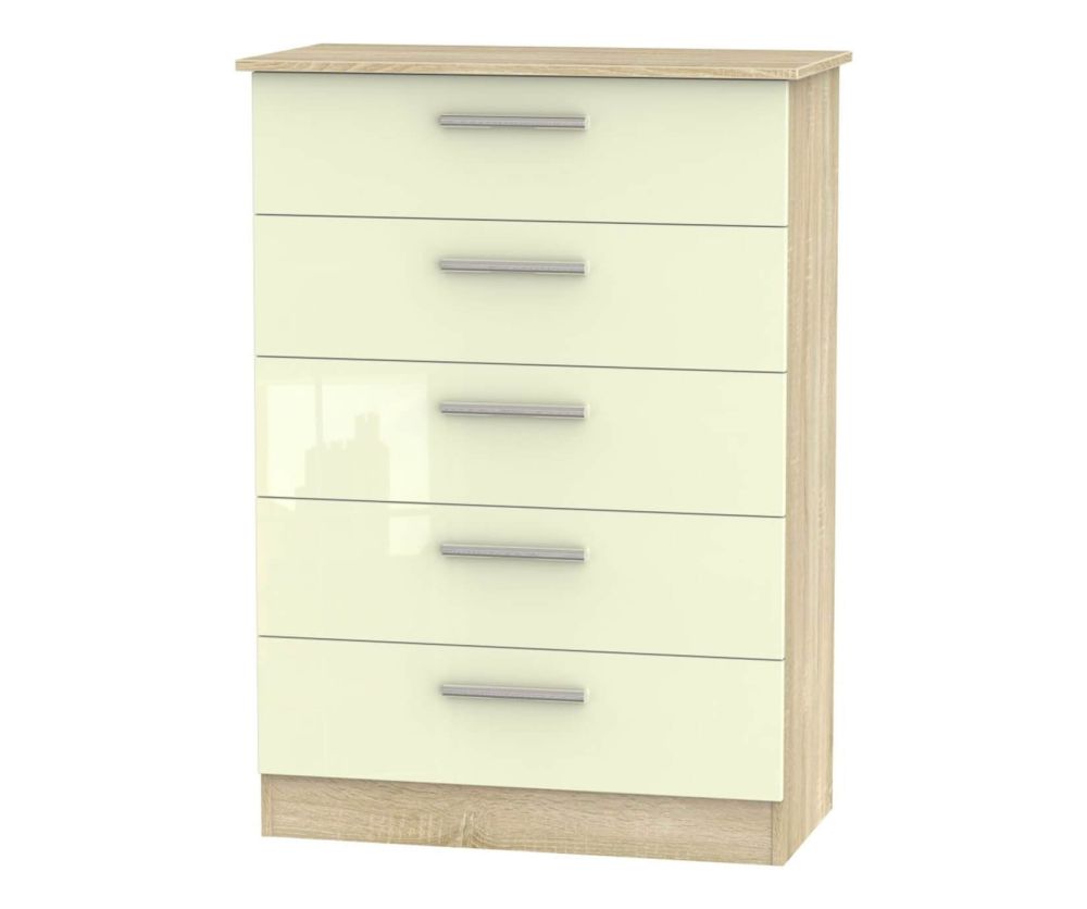 Welcome Furniture Contrast High Gloss Cream And Bardolino 5 Drawer Chest