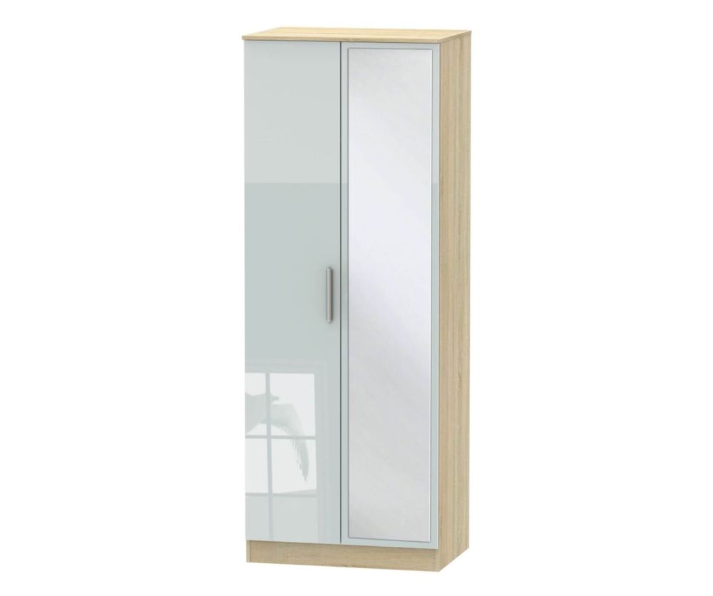 Welcome Furniture Contrast High Gloss Grey And Bardolino 2 Door Tall Mirror Double Wardrobe
