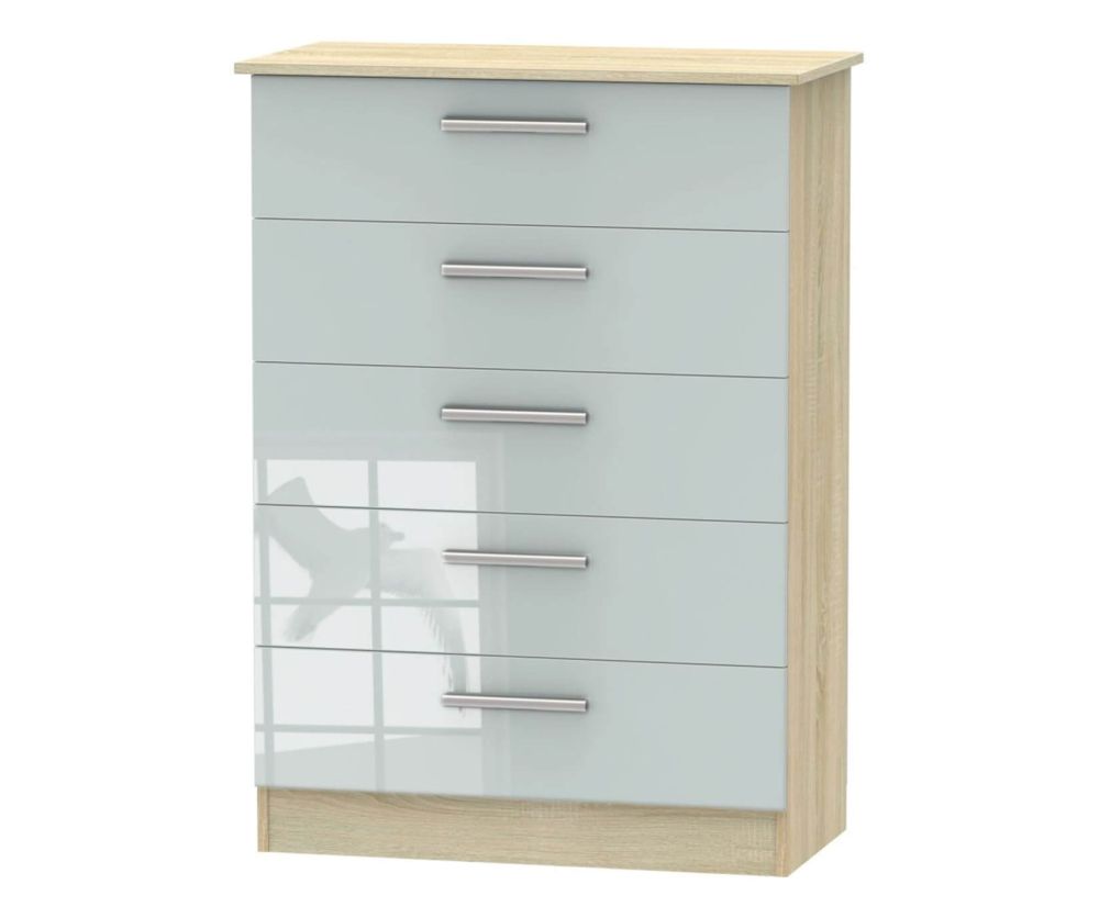 Welcome Furniture Contrast High Gloss Grey And Bardolino 5 Drawer Chest