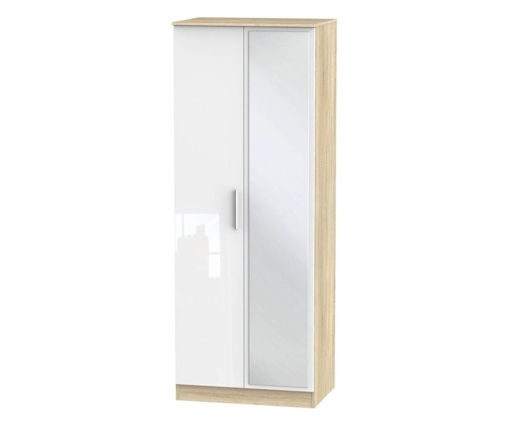 Welcome Furniture Contrast High Gloss White And Bardolino 2 Door Tall Mirror Double Wardrobe
