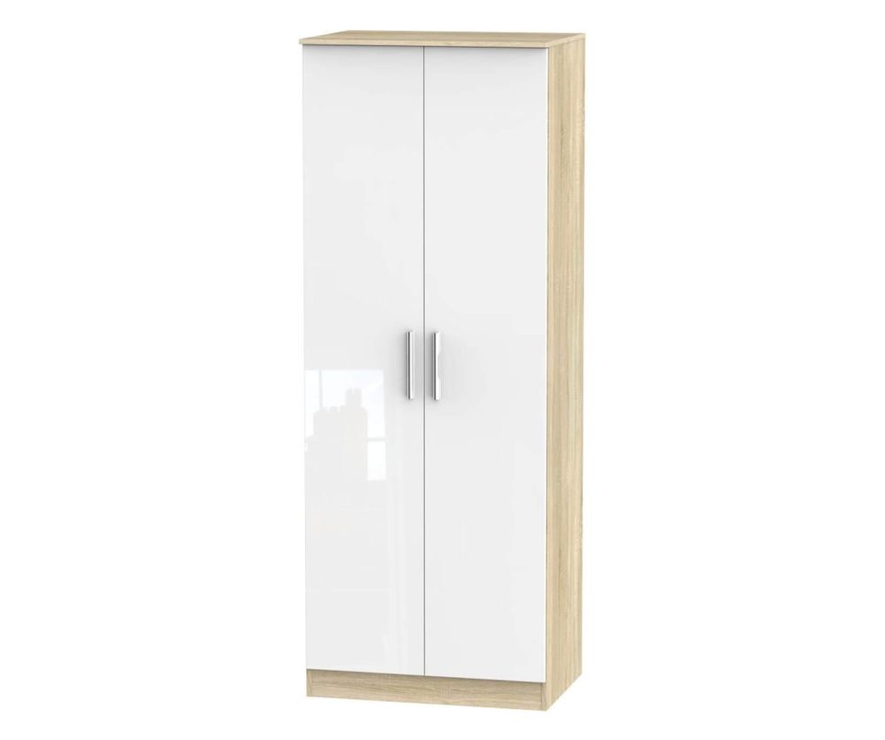 Welcome Furniture Contrast High Gloss White And Bardolino 2 Door Tall Plain Double Wardrobe