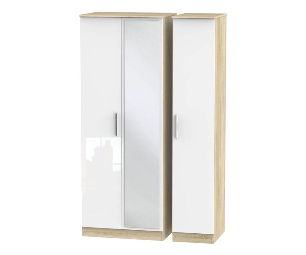 Welcome Furniture Contrast High Gloss White And Bardolino 3 Door Tall Mirror Triple Wardrobe