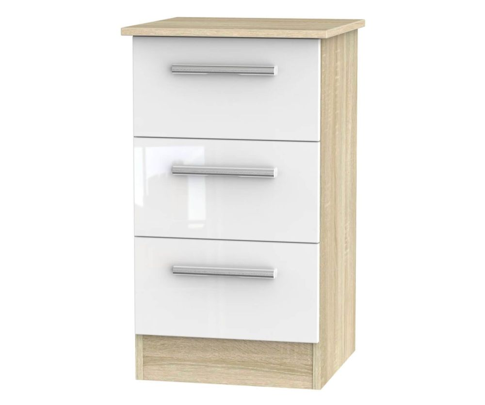 Welcome Furniture Contrast High Gloss White And Bardolino 3 Drawer Locker Bedside Cabinet