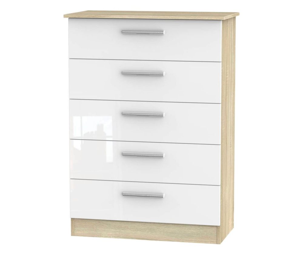 Welcome Furniture Contrast High Gloss White And Bardolino 5 Drawer Chest