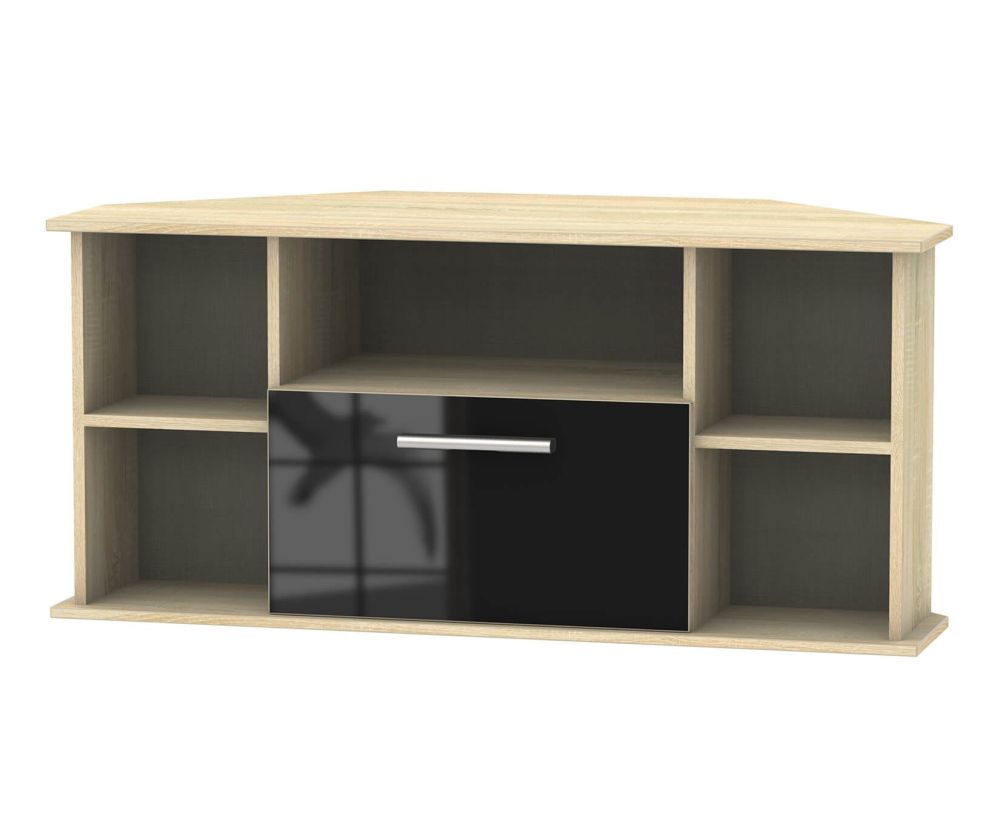 Welcome Furniture Contrast High Gloss Black And Bardolino 1 Drawer Corner TV Unit