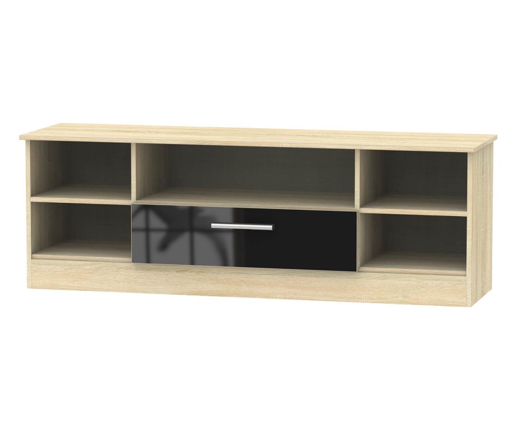 Welcome Furniture Contrast High Gloss Black And Bardolino 1 Drawer Wide Open TV Unit