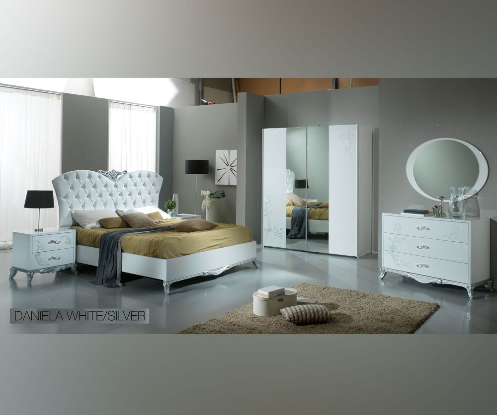 Ben Company Daniela White and Silver Italian Bedroom Group Set with 2 Door Wardrobe