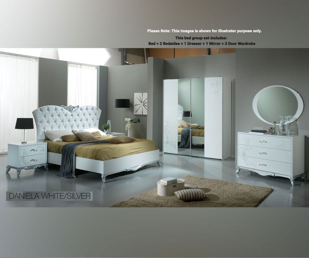 Ben Company Daniela White and Silver Italian Bedroom Group Set with 3 Door Wardrobe