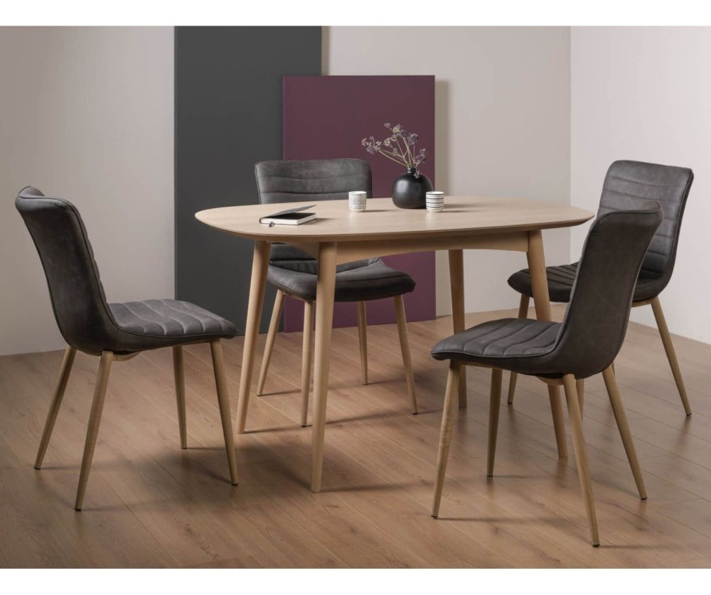 Bentley Designs Dansk Scandi Oak 4 Seater Dining Table and 4 Eriksen Dark Grey Faux Leather Chairs with Grey Rustic Oak