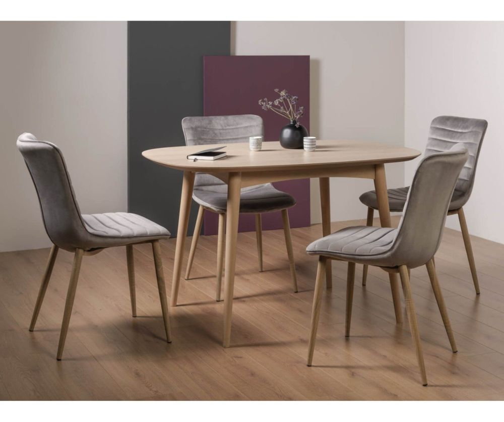 Bentley Designs Dansk Scandi Oak 4 Seater Dining Table and 4 Eriksen Grey Velvet Fabric Chairs with Grey Rustic Oak