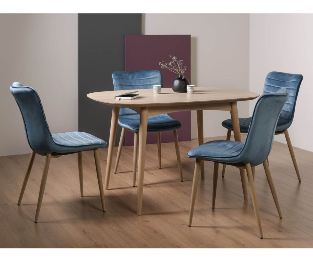 Bentley Designs Dansk Scandi Oak 4 Seater Dining Table and 4 Eriksen Petrol Blue Velvet Fabric Chairs with Grey Rustic Oak Effect Legs