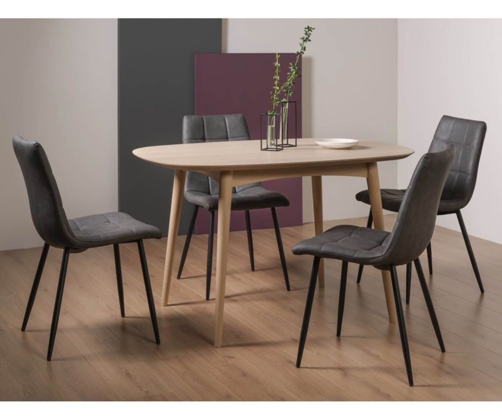 Bentley Designs Dansk Scandi Oak 4 Seater Dining Table and 4 Mondrian Dark Grey Faux Leather Chairs with Sand Black Powder Coated Legs