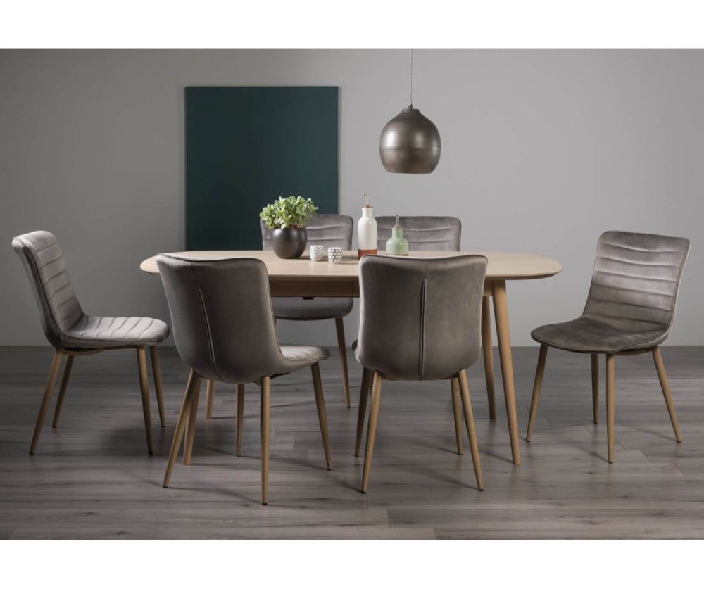 Bentley Designs Dansk Scandi Oak 6-8 Seater Dining Table and 6 Eriksen Grey Velvet Fabric Chairs with Grey Rustic Oak Effect Legs