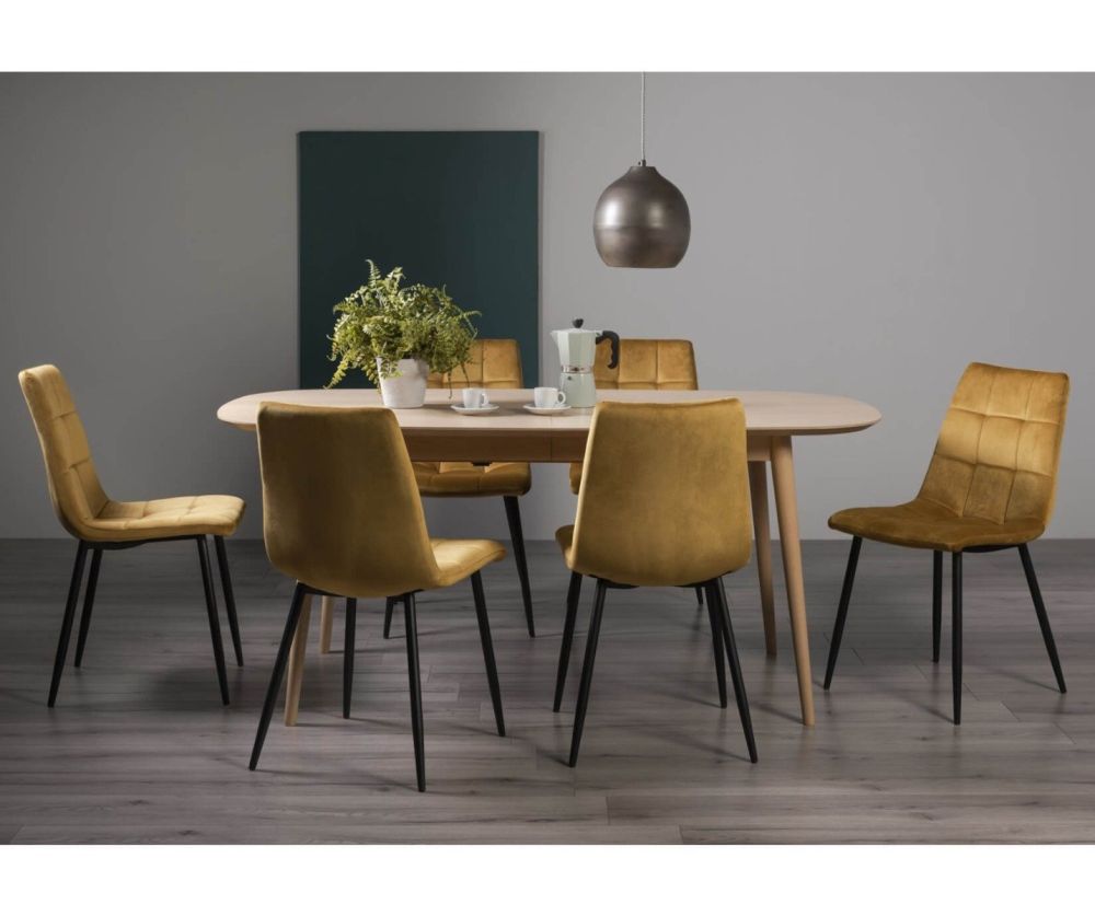 Bentley Designs Dansk Scandi Oak 6-8 Seater Dining Table and 6 Mondrian Mustard Velvet Fabric Chairs with Grey Rustic Oak Effect Legs
