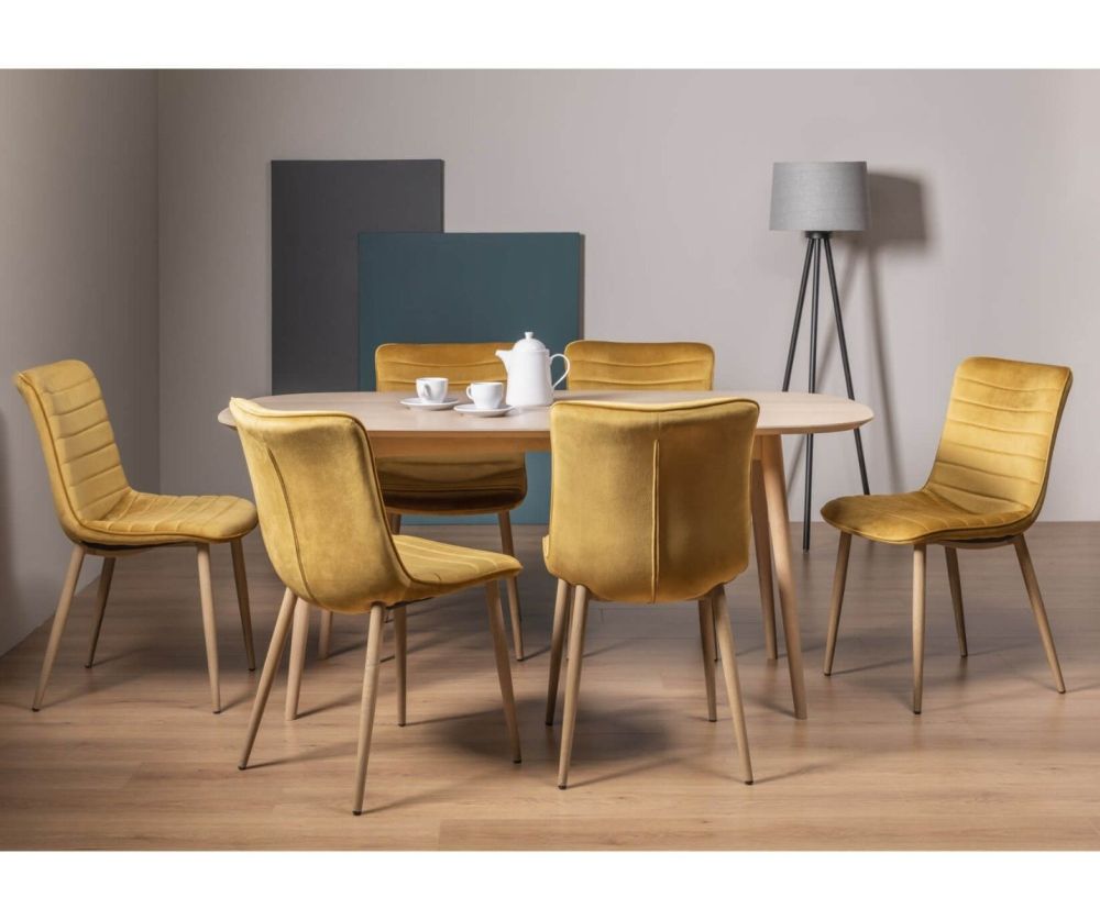 Bentley Designs Dansk Scandi Oak 6 Seater Dining Table and 6 Eriksen Mustard Velvet Fabric Chairs with Grey Rustic Oak Effect Legs