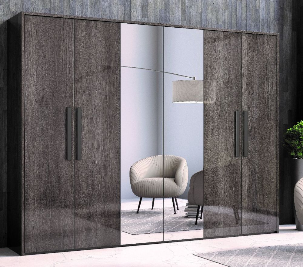 H2O Design Divina Canyon Oak Glossy Italian Bedroom Set with 6 Door Wardrobe