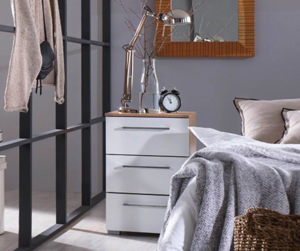 Rauch Ellesse Alpine White Carcase with Sonoma Oak Colour Front 3 Drawer Bedside Cabinet