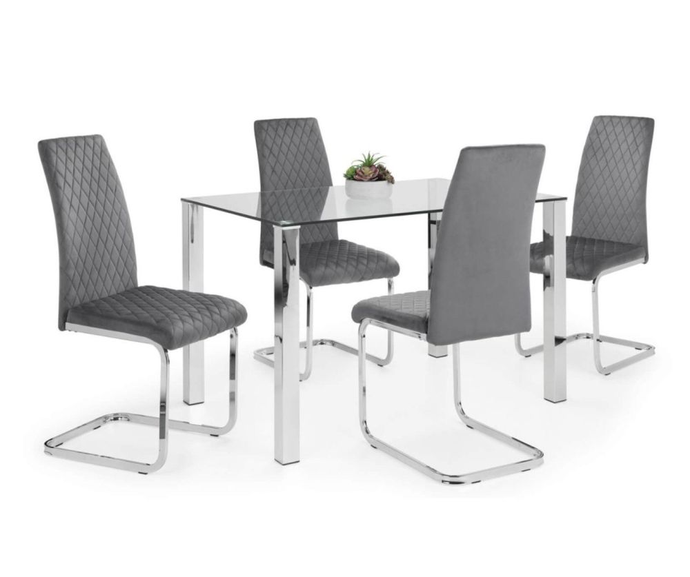 Julian Bowen Enzo Glass Top Dining Table with 4 Calabria Grey Velvet Chairs