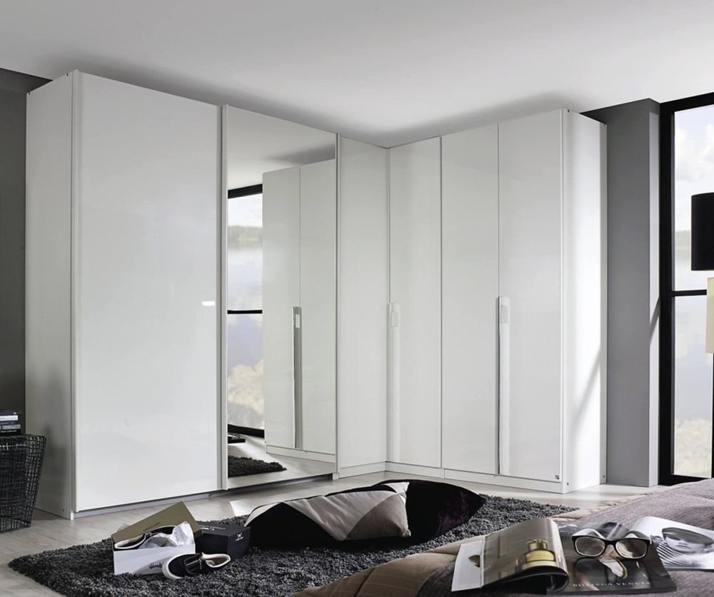 Rauch Essensa Alpine White with White Glass 2 Door Sliding Wardrobe with Chrome Coloured Handle (W181cm)