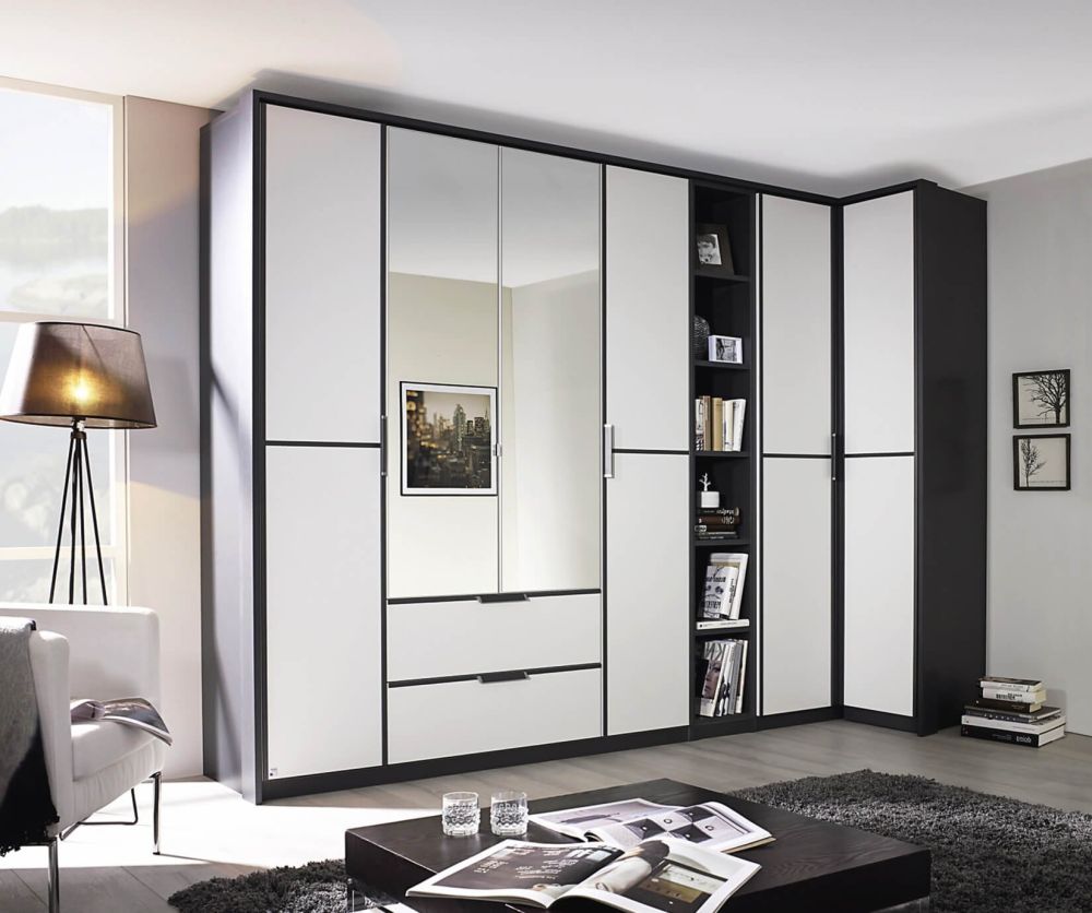 Rauch Essensa Metallic Grey with Alpine White L Shaped Folding Wardrobe with Vertical and Horizontal Trims and Chrome Coloured Handle (W438cm)