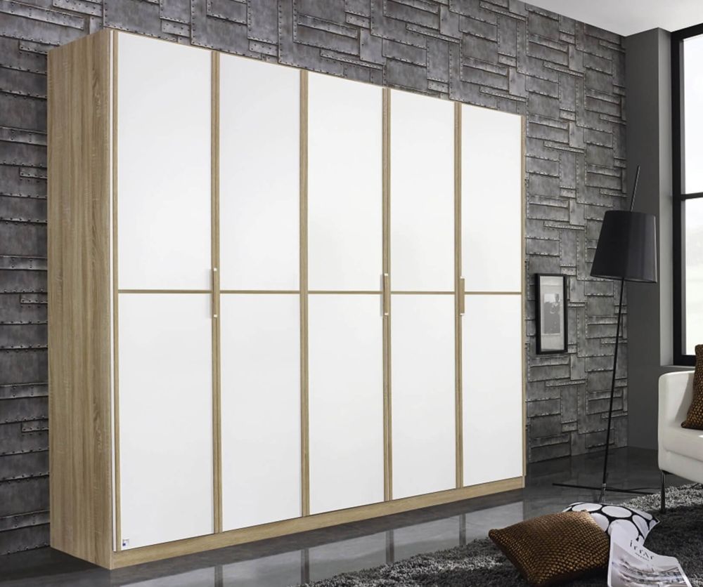 Rauch Essensa Sonoma Oak with Alpine White 4 Door Wardrobe Chrome Coloured Short Handle with Vertical and Horizontal Trims (W181cm)