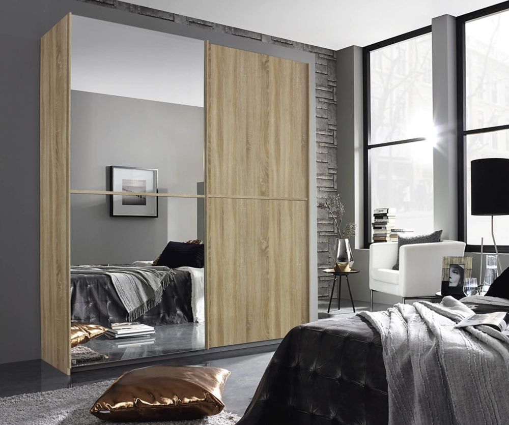 Rauch Essensa Sonoma Oak 2 Door 1 Mirror Sliding Wardrobe with Chrome Coloured Handle with Vertical and Horizontal Trims (W181cm)